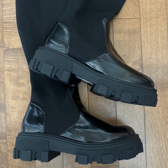 NWOT ASOS DESIGN Kimmy flat chunky over the knee boots 28” tall in black size 11 - Picture 4 of 12